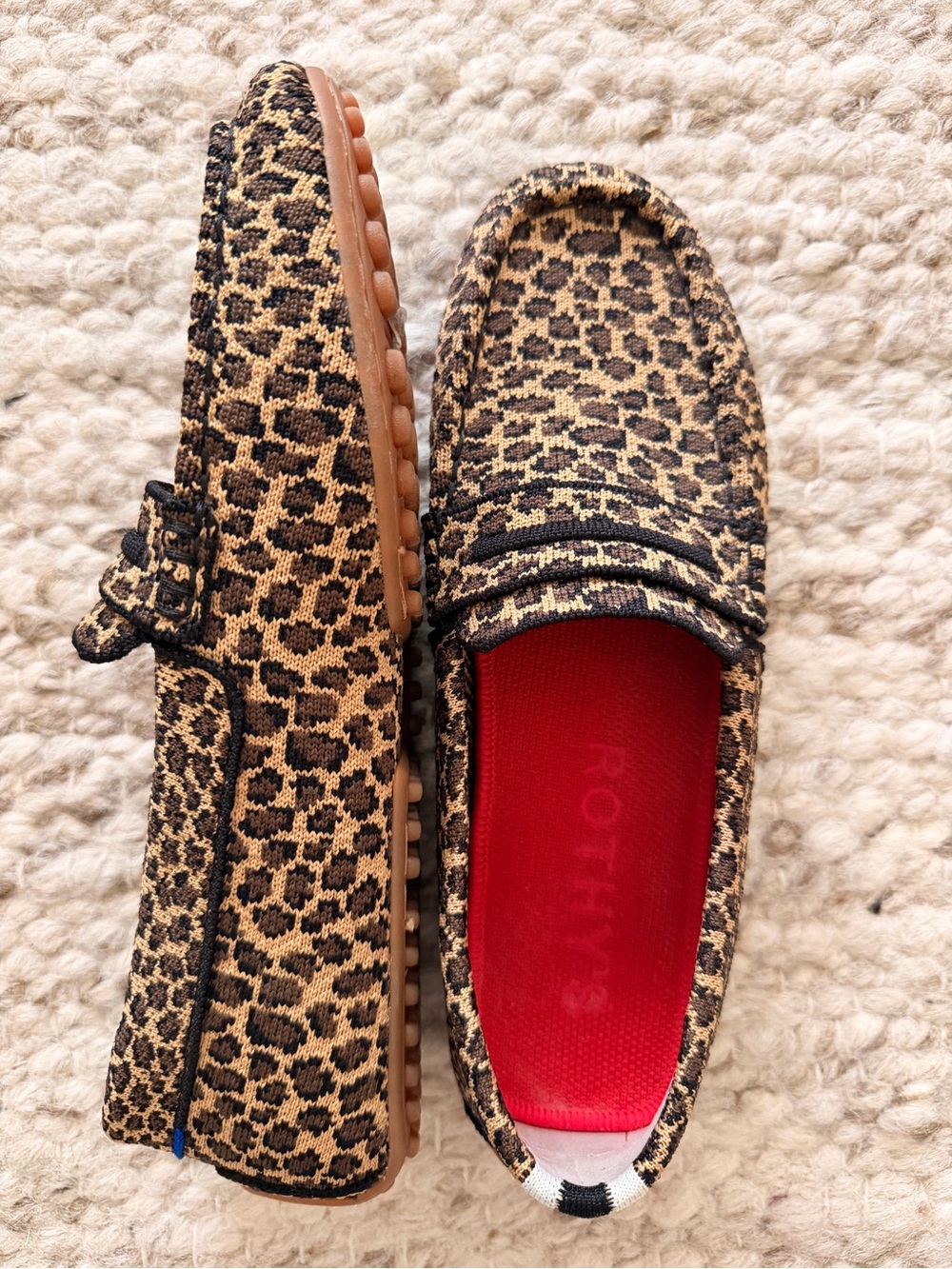 Rothy's Leopard-Print Knit Driving Loafers in Tan and Black with Red Insole 7.5